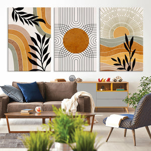 Modern Boho Sun and Leaf Abstract Art – 3-Panel Giclée