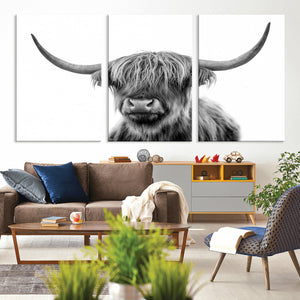 Grayscale Scottish Highland Cow Cattle Art Print Farmhouse