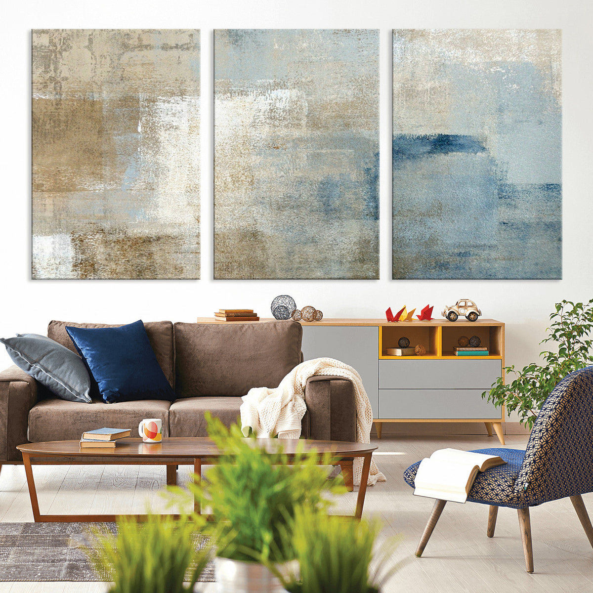 Abstract Blue and Beige Wall Art, Modern Minimalist Canvas