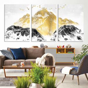 Golden Mountain Triptych Wall Art Canvas Print, Modern