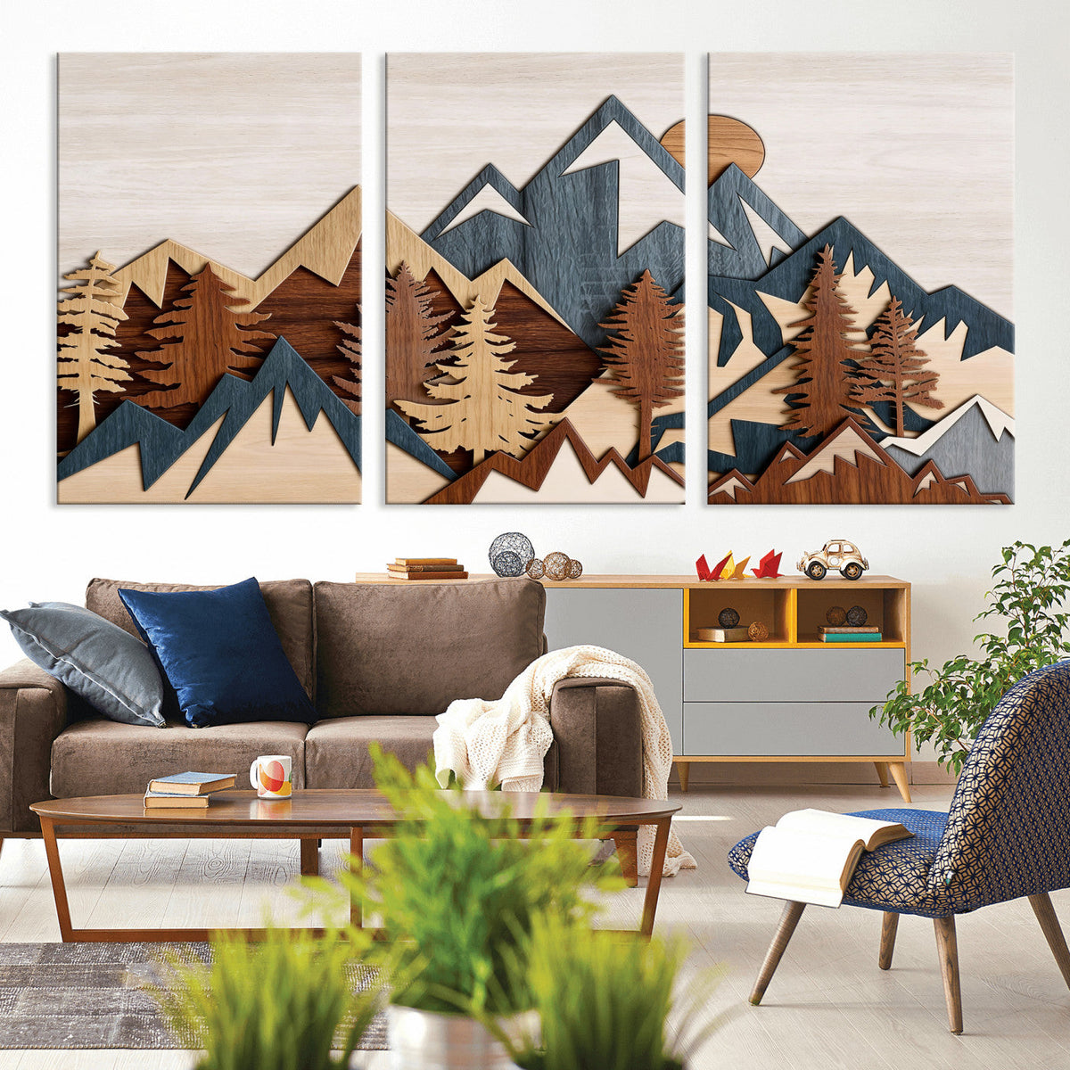 Rustic Abstract Wood Panel Effect Canvas Mountain Range Top