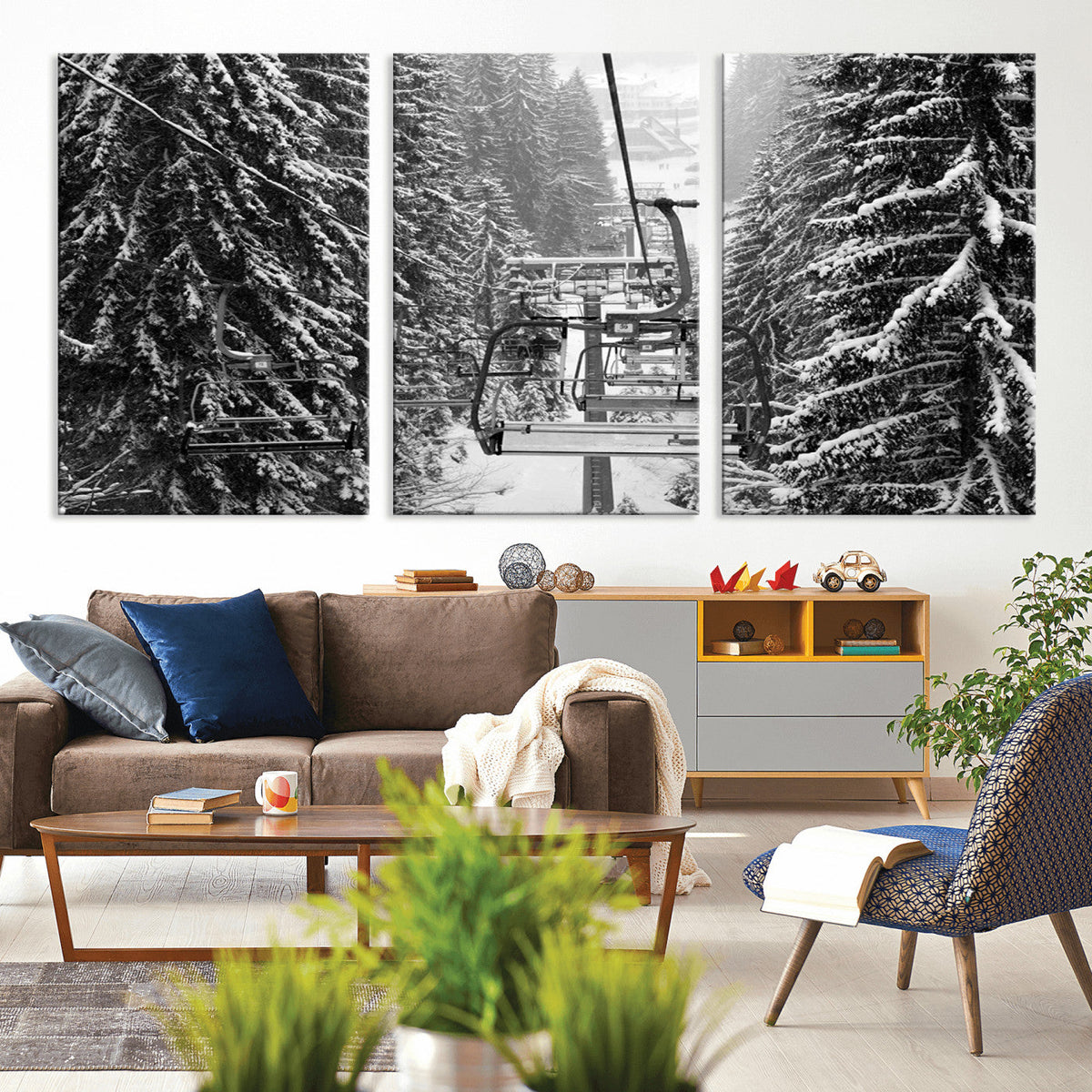 Winter Ski Lift Black and White Canvas Wall Art – Alpine