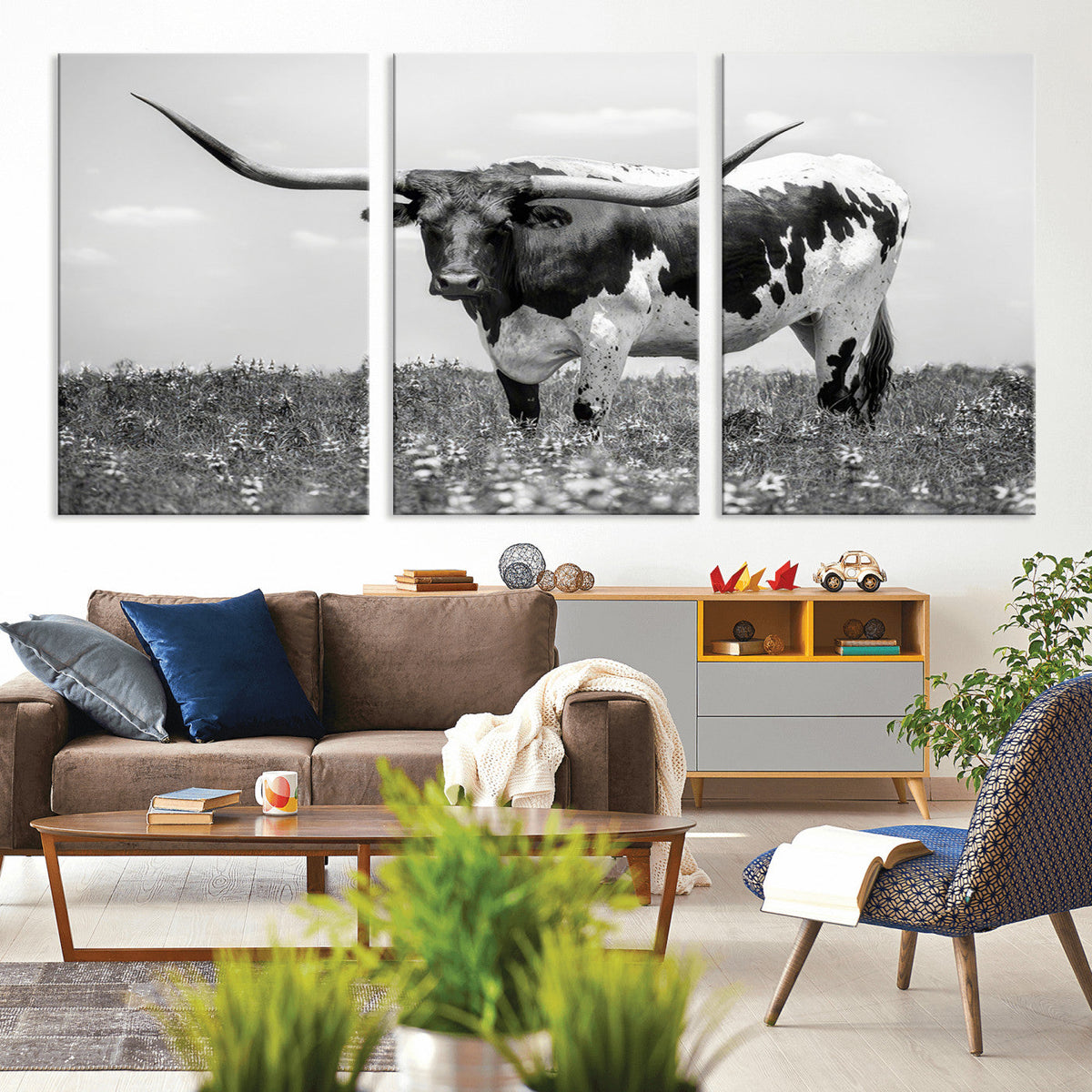 Texas Black White Highland Longhorn Cow Wall Art Canvas