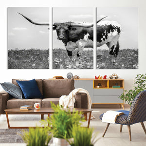 Texas Black White Highland Longhorn Cow Wall Art Canvas