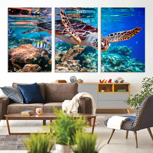Underwater Coral Reef Sea Turtle Wall Art Canvas Print,