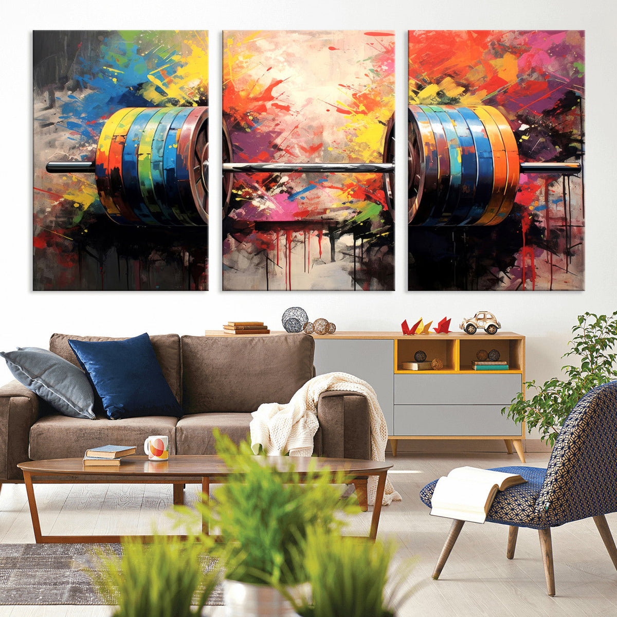 Weightlifting Barbell Art Triptych, Bold Abstract Fitness