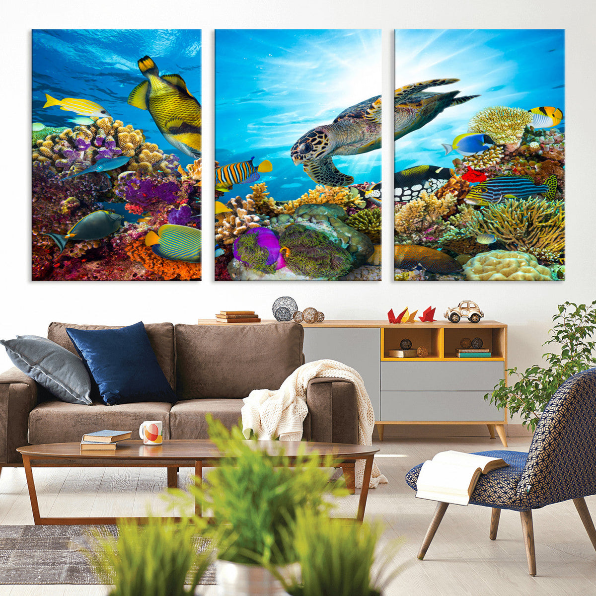 Colorful Coral Reef and Sea Life Turtle Canvas Print,