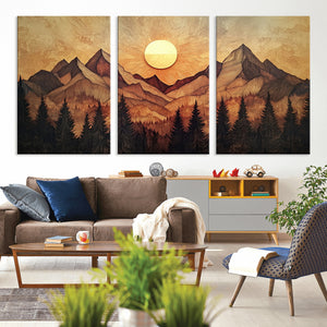 Wood Style Abstract Mountain Sunset Canvas Wall Art Print -