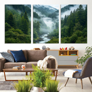 Mountain Forest River Canvas Wall Art Print - Serene Nature