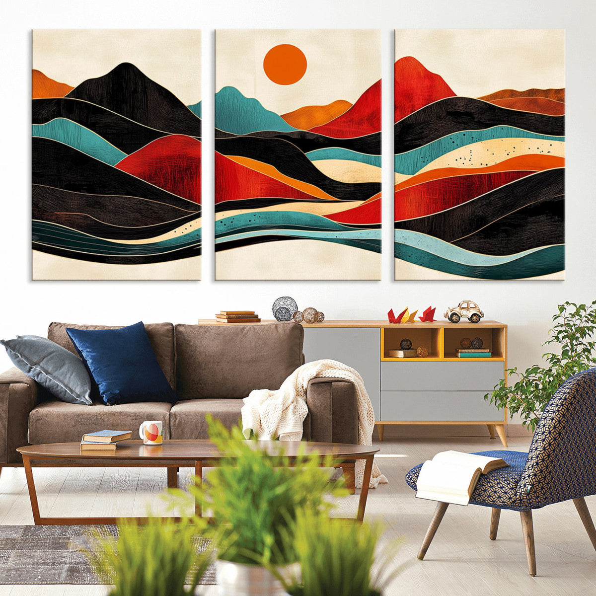 Western Wall Decor - Large Triptych Mountain Canvas - Boho
