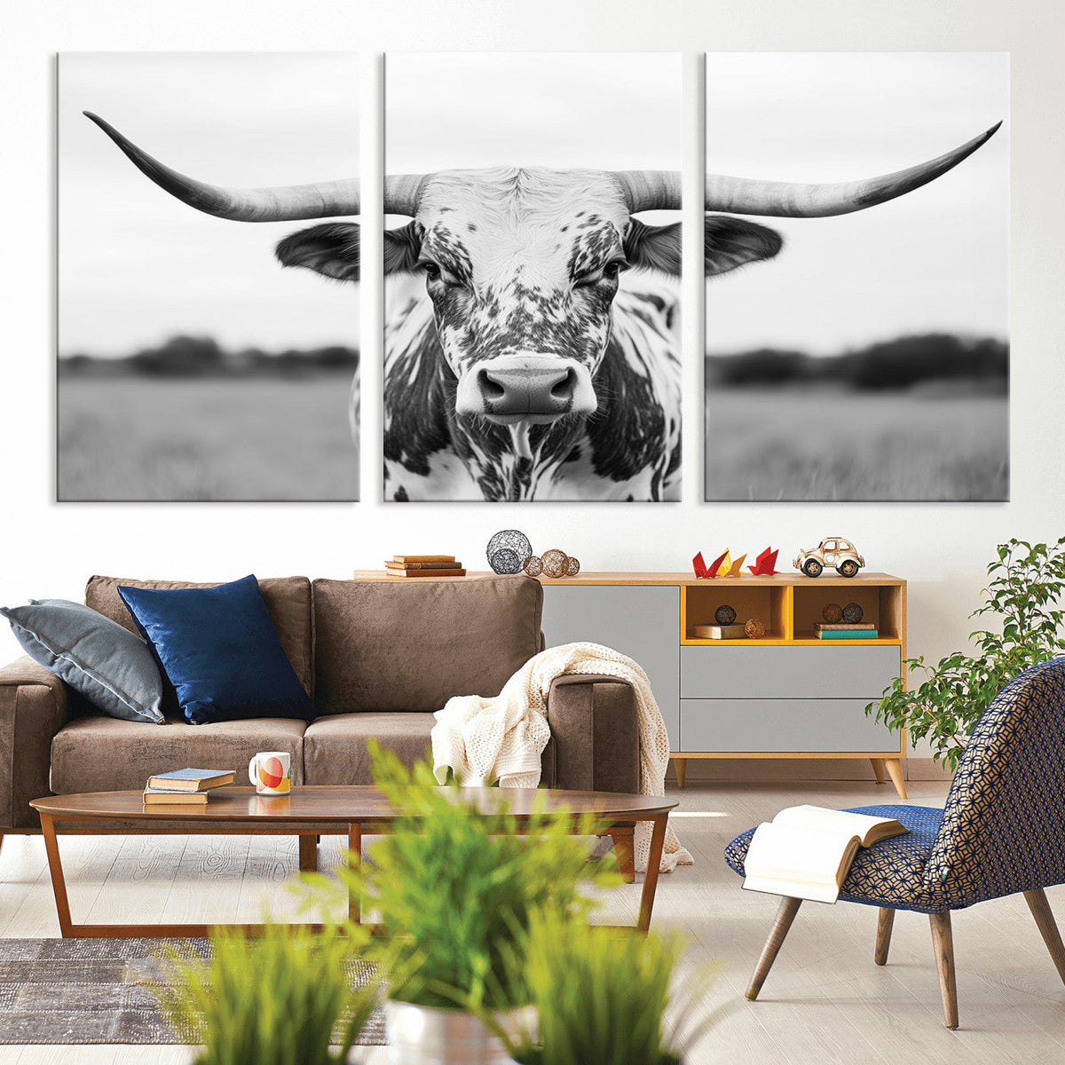 Highland Cow Wall Art Canvas Print – Black and White Western