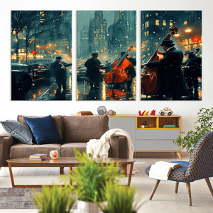 Urban Night Jazz Wall Art Canvas Print – Moody Rain-Soaked