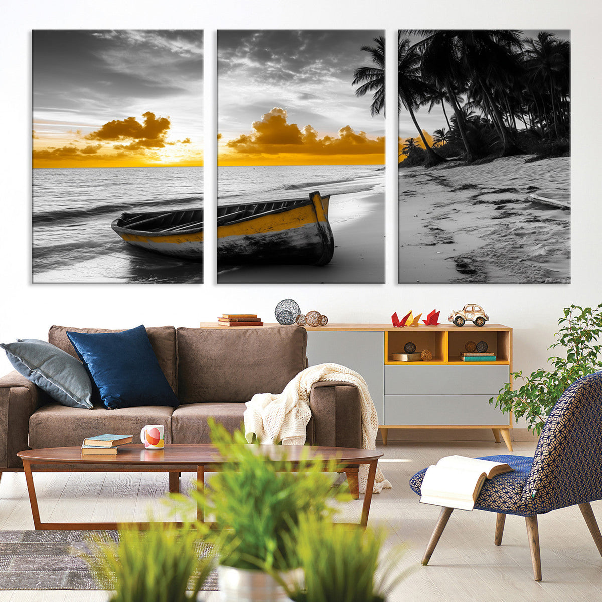 Yellow Rowboat Wall Art – Framed Tropical Shoreline Canvas