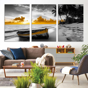 Yellow Rowboat Wall Art – Framed Tropical Shoreline Canvas
