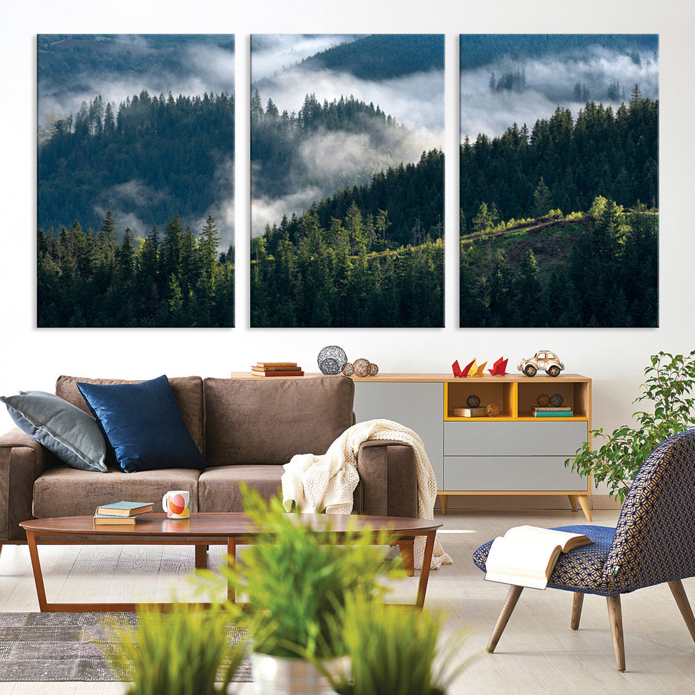 Misty Forest Wall Art Canvas Print – Pine Hills Foggy Trees