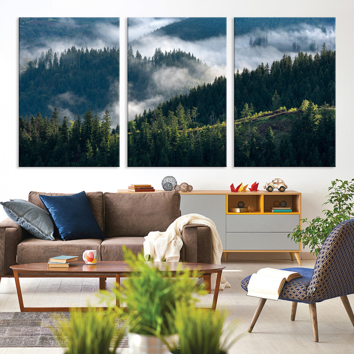 Misty Forest Wall Art Canvas Print, Serene Pine Hills and