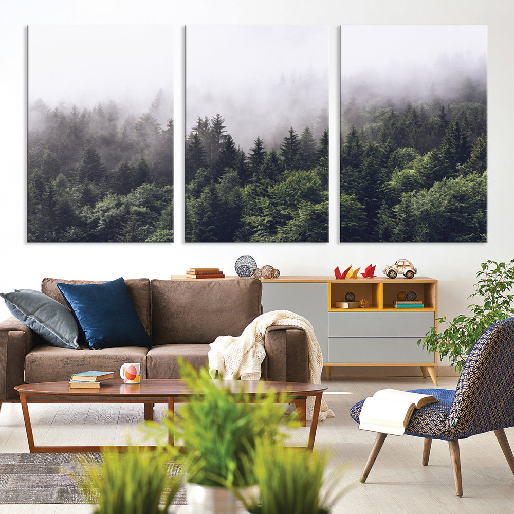 Misty Forest Wall Art Canvas Print, Serene Foggy Pines and