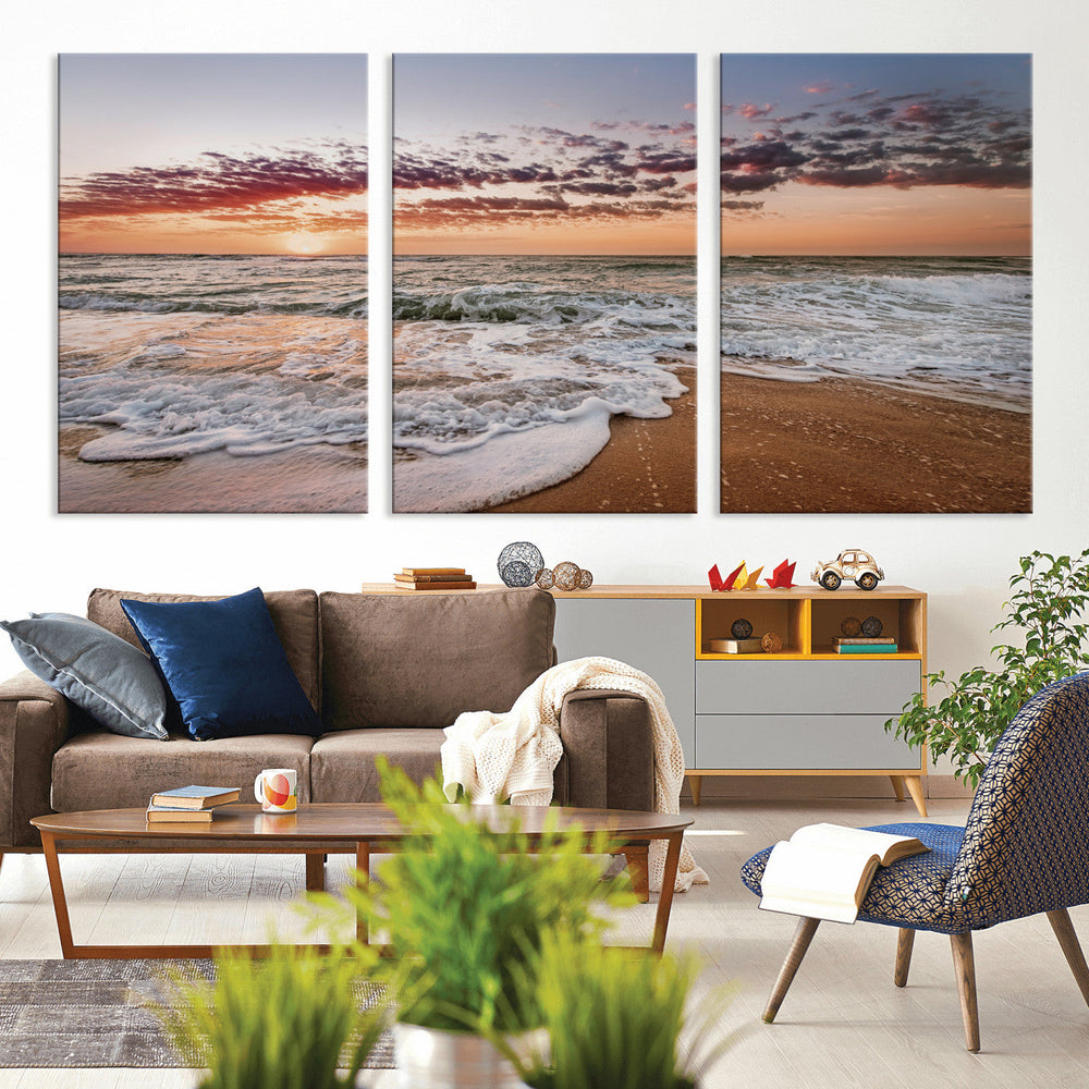 Ocean Sunset Wall Art Canvas Print – Framed Sandy Shore