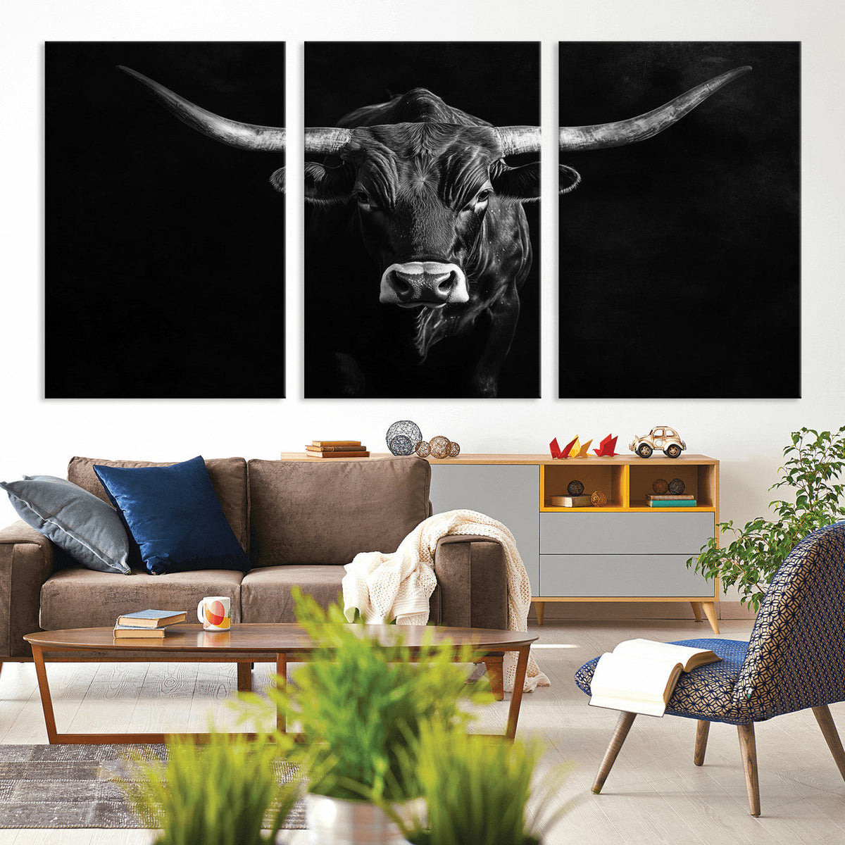Texas Longhorn Wall Art Canvas Print – Framed Monochrome