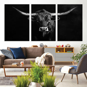 Texas Longhorn Wall Art Canvas Print – Framed Monochrome