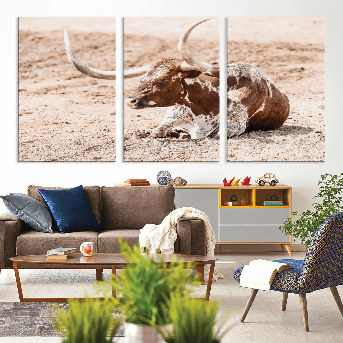 Texas Longhorn Wall Art – Framed Resting Bull Canvas