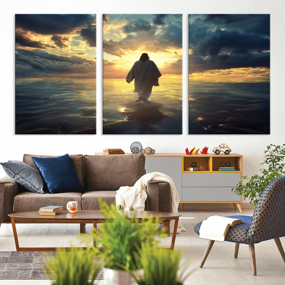 Jesus Walks Wall Art Canvas Print Framed Divine Sunset Art