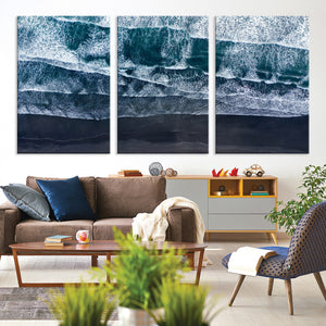 Black Beach Wall Art Canvas Print – Framed Aerial Ocean View