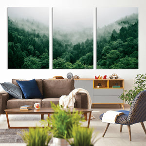 Misty Green Forest Canvas Print – Framed Serene Foggy Pine