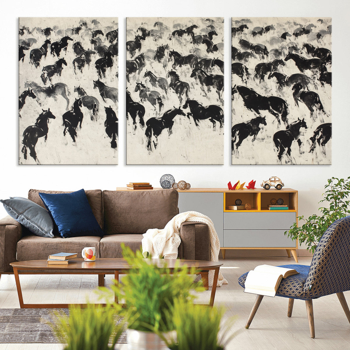 Wild Horse Stampede Wall Art Canvas Print – Monochrome