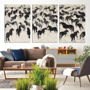 Wild Horse Stampede Wall Art Canvas Print – Monochrome