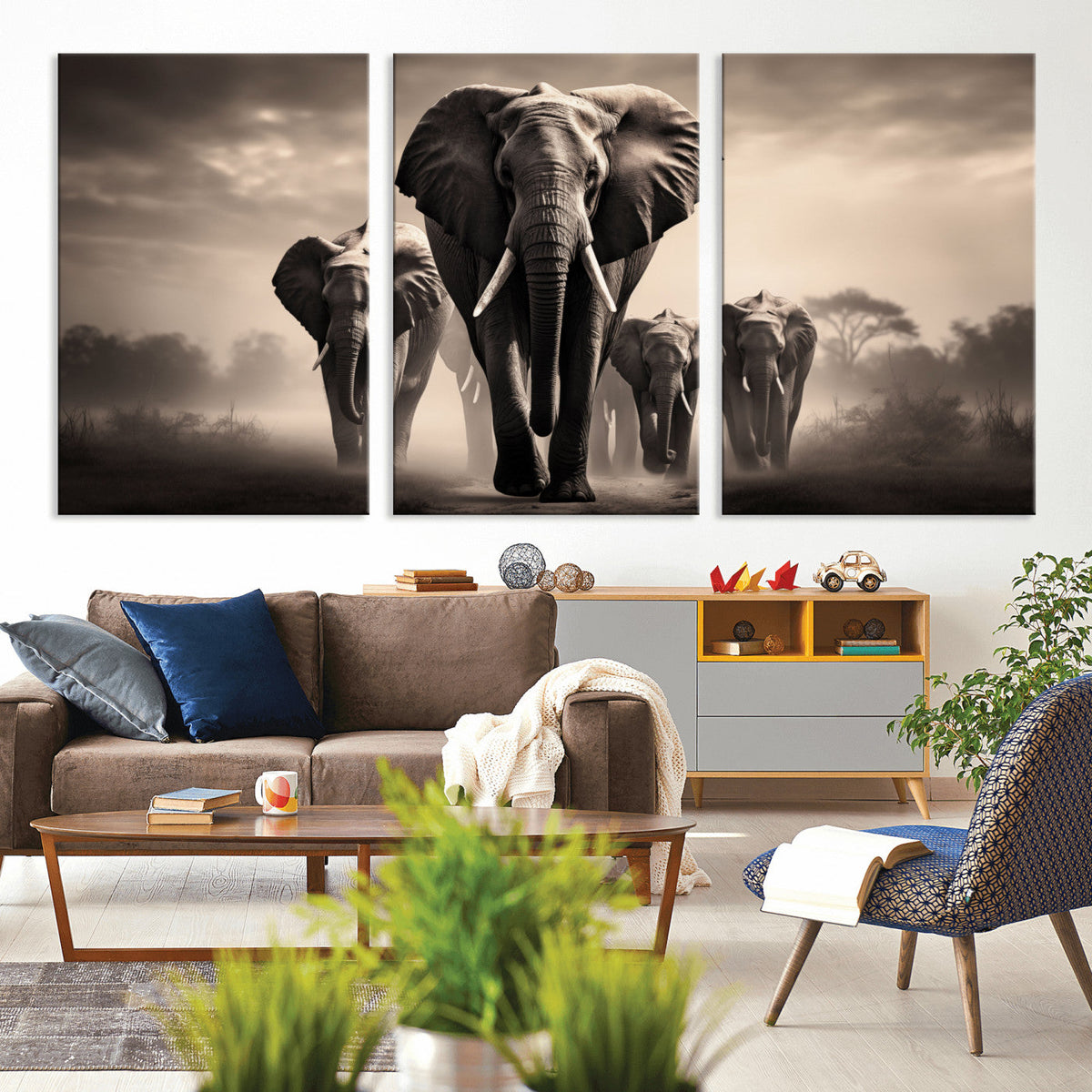 Elephant Family Wall Art Canvas Print, Framed Elephant Wall