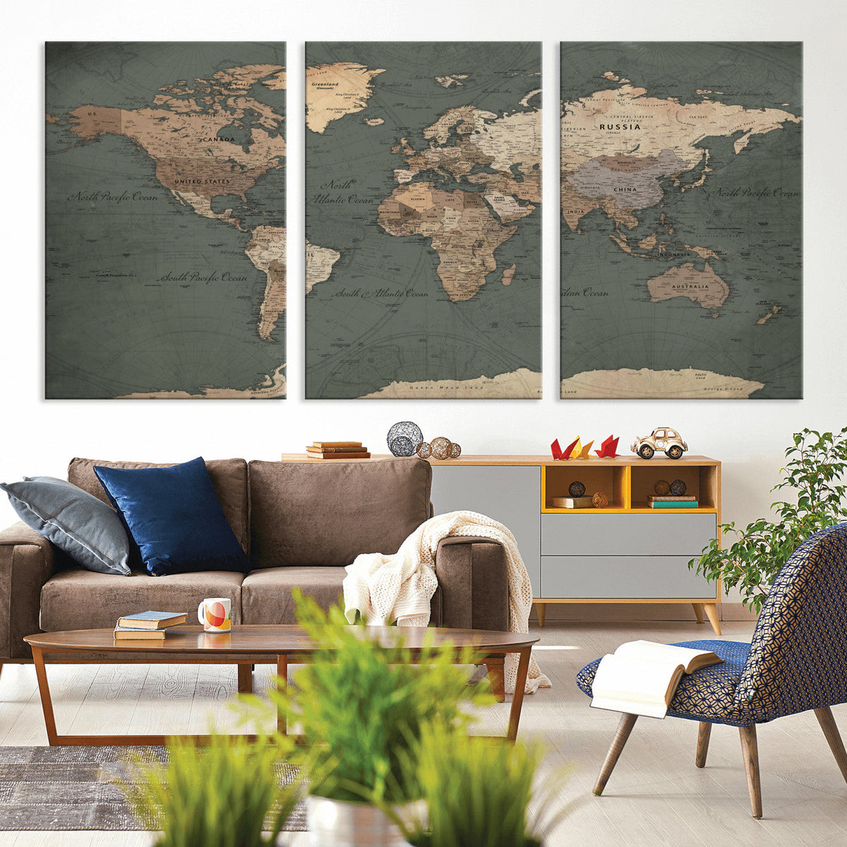 Rustic Black and Wood World Map Canvas Wall Art – Framed