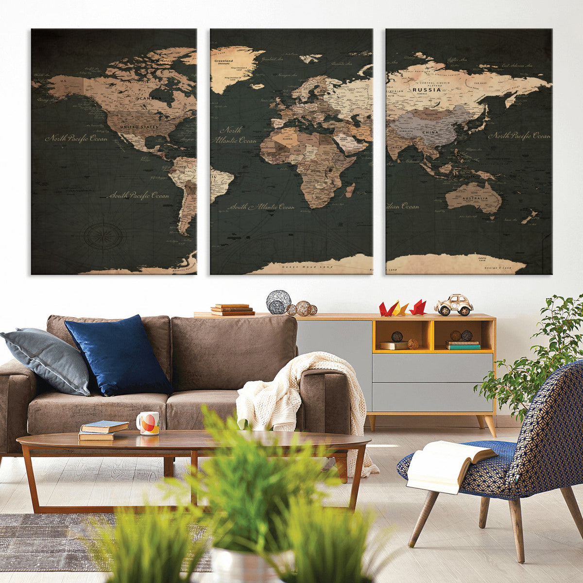 Vintage World Map Canvas Wall Art – Framed Travel Map for
