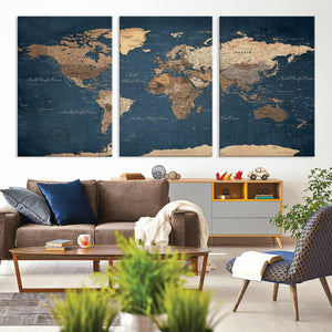 Navy Blue World Map Canvas Print – Framed Travel Map Wall