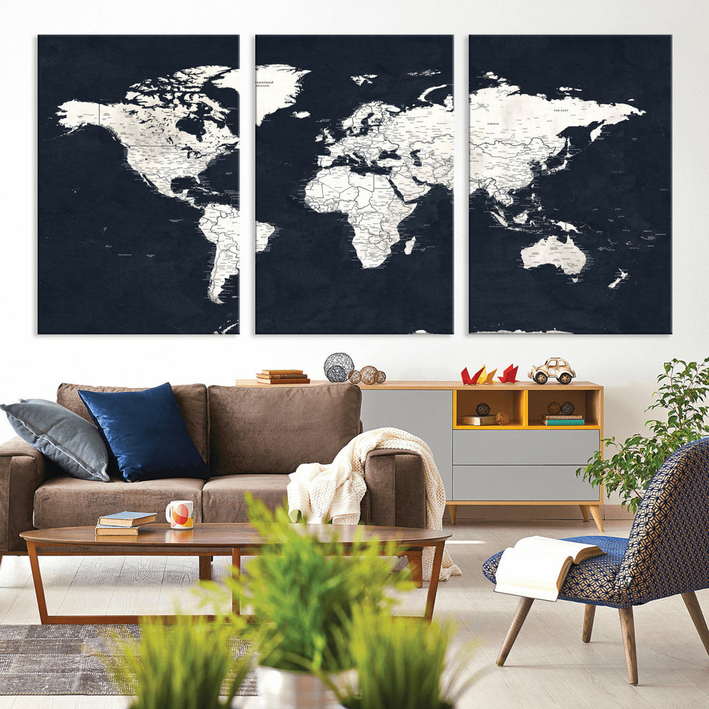 Black World Map Wall Art Canvas Print for Home Office and