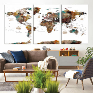 Watercolor World Map Canvas Print – Detailed Map of the