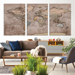 Grunge World Map Canvas Wall Art - Vintage Aged World Map