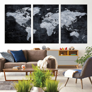 Black World Map Canvas Print – Detailed Map for Couples and