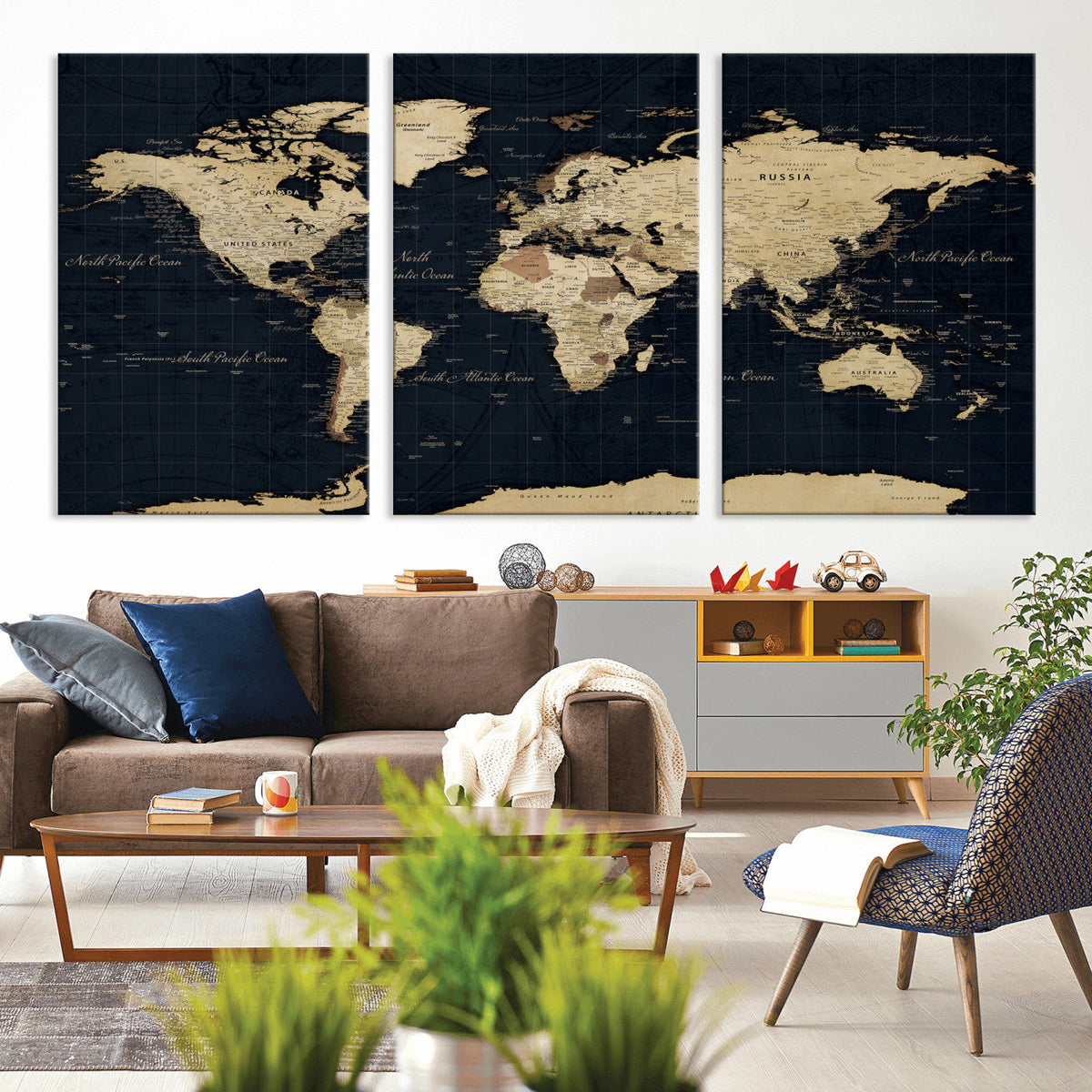 Dark World Map Canvas Wall Art Print, Minimal Black and Gold
