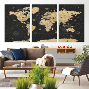 Vintage Blue and Brown World Map Canvas Wall Art – Framed