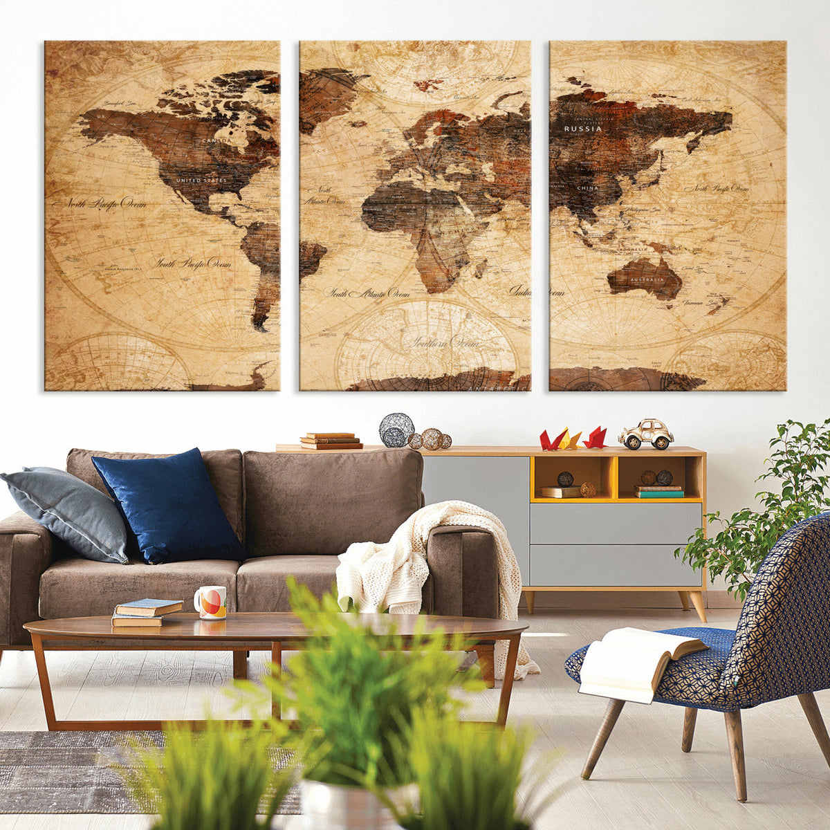 Modern Red and Gray World Map Canvas Print – Framed Wall Art
