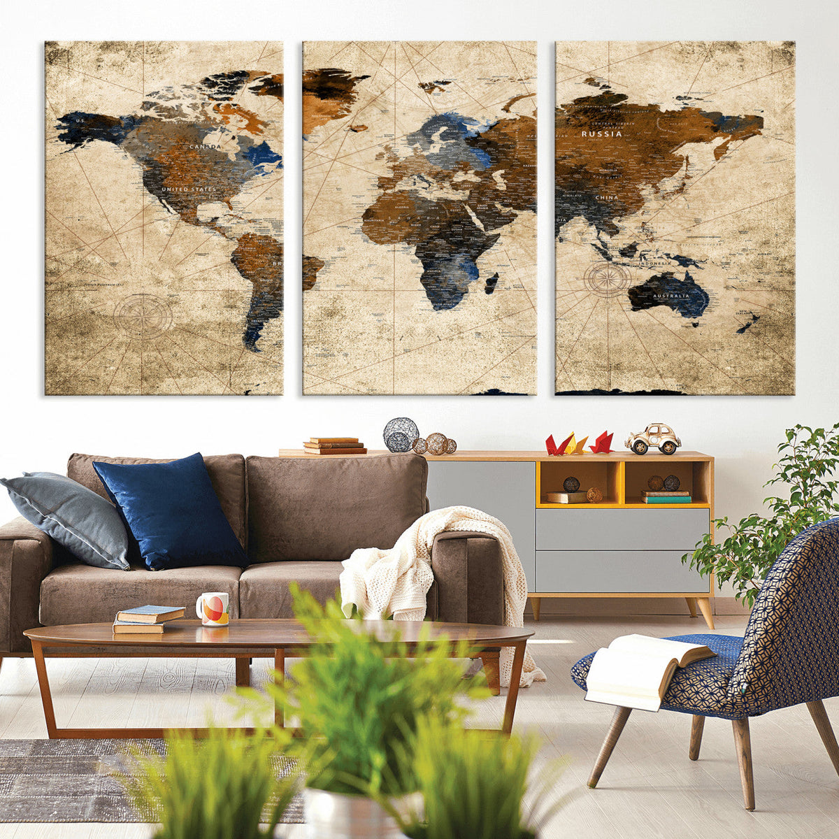 World Map Wall Art – Rustic Earth Tone Canvas Print, Antique