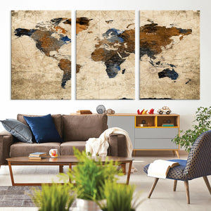 World Map Wall Art – Rustic Earth Tone Canvas Print, Antique