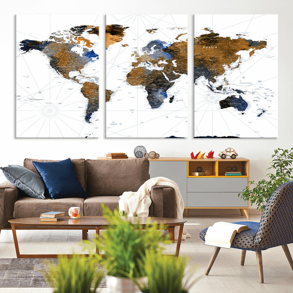Colorful Watercolor World Map Canvas Wall Art – Framed