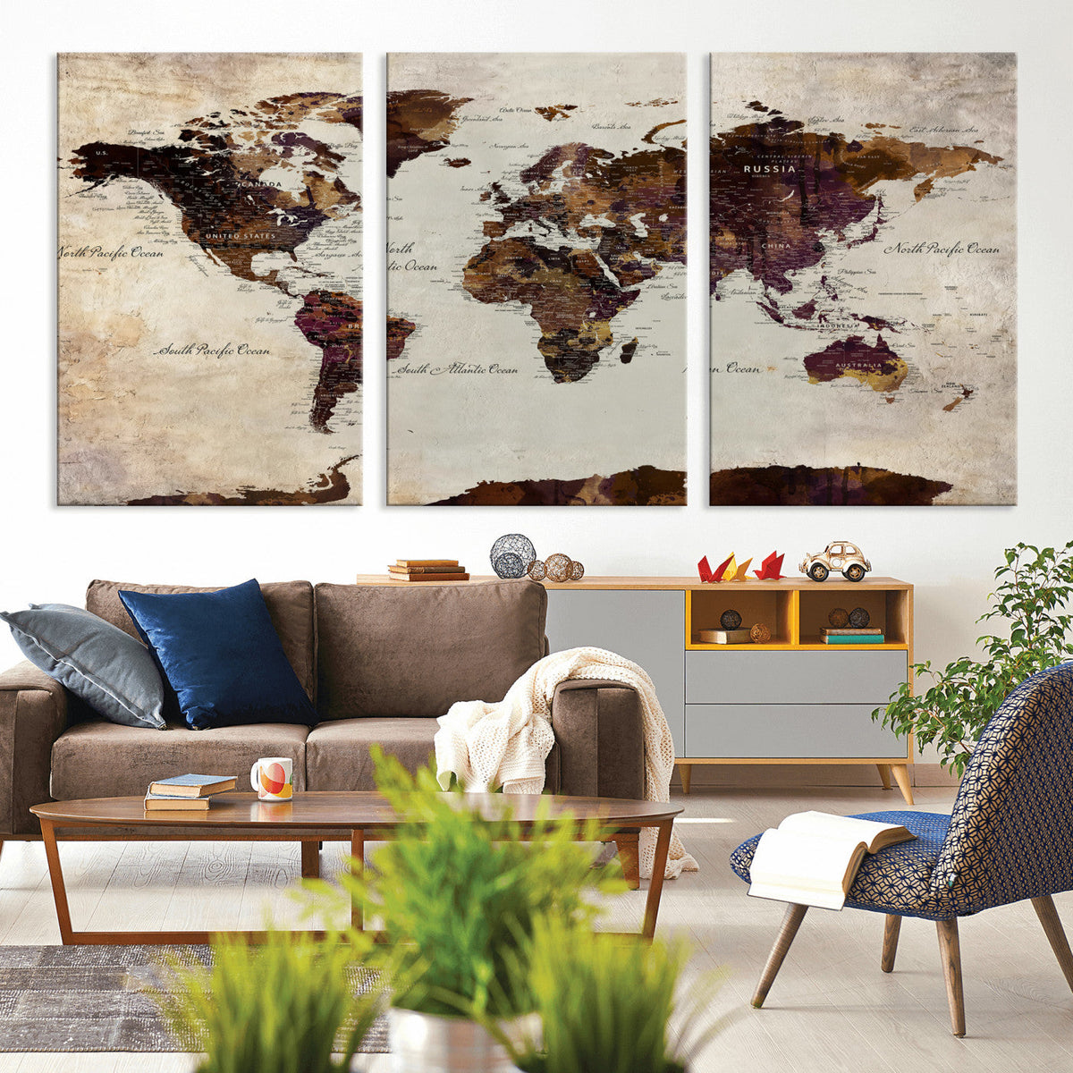 World Map Canvas Triptych – Colorful Global Wall Art for