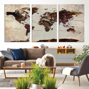 World Map Canvas Triptych – Colorful Global Wall Art for