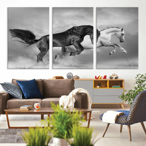 Wild Horses Wall Art Canvas Print – Framed Black and White