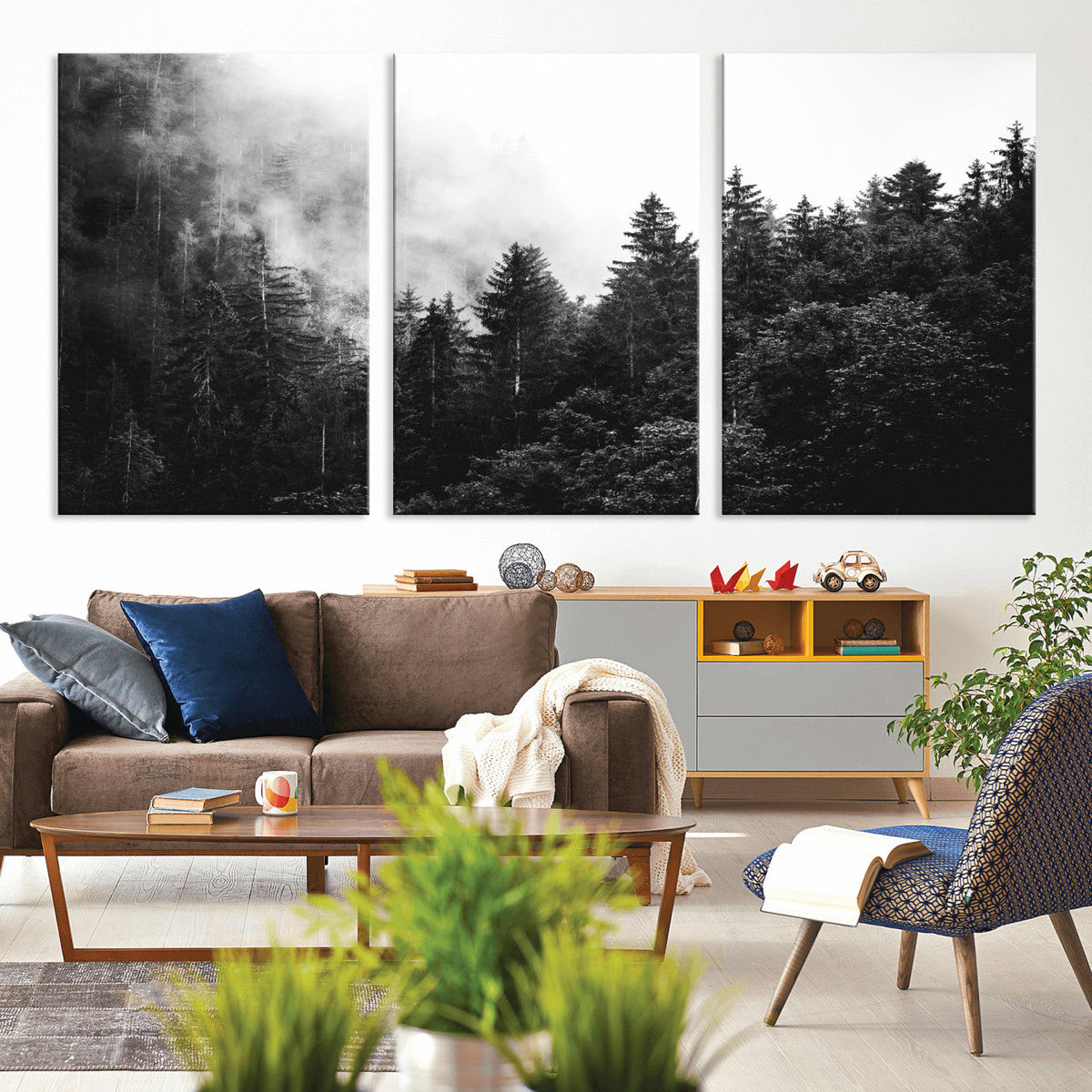 Black White Forest Wall Art Canvas Print, Misty Pine Tree