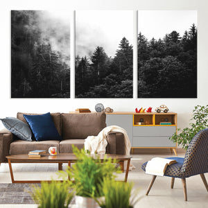 Black White Forest Wall Art Canvas Print, Misty Pine Tree