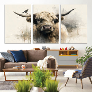 Abstract Highland Cow Wall Art Canvas Print, Rustic Farm